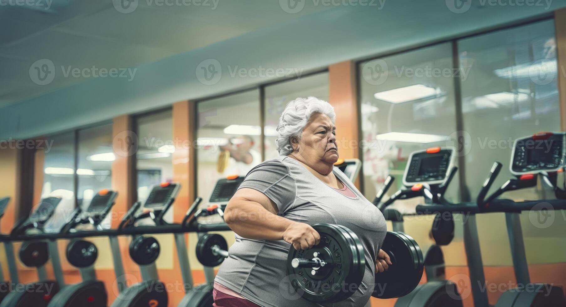 Older woman exercising on a treadmill and lifting weights in the gym.Generated image photo