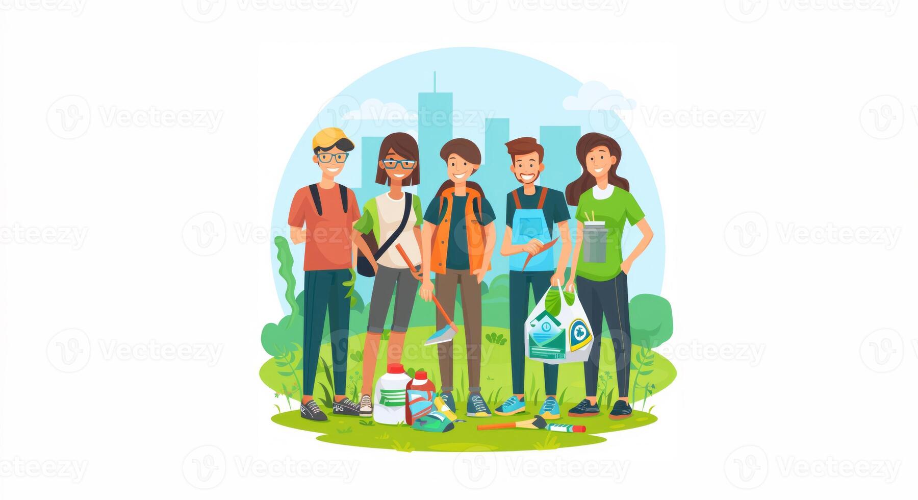 Group of volunteers collecting trash and recycling in a park.Generated image photo