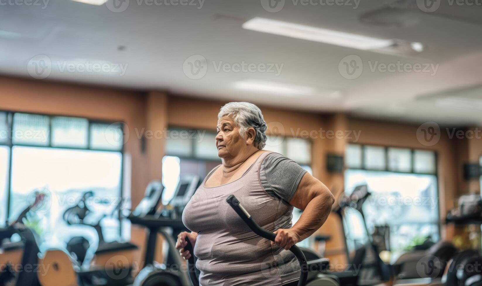Older woman exercising on a treadmill and lifting weights in the gym.Generated image photo