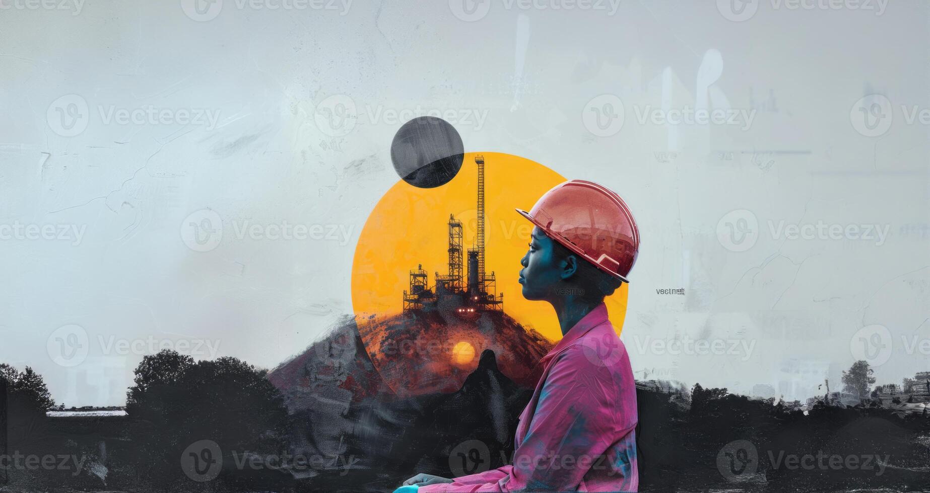 Female engineer in a helmet overseeing a construction site with nature illustrations in the background.Generated image photo