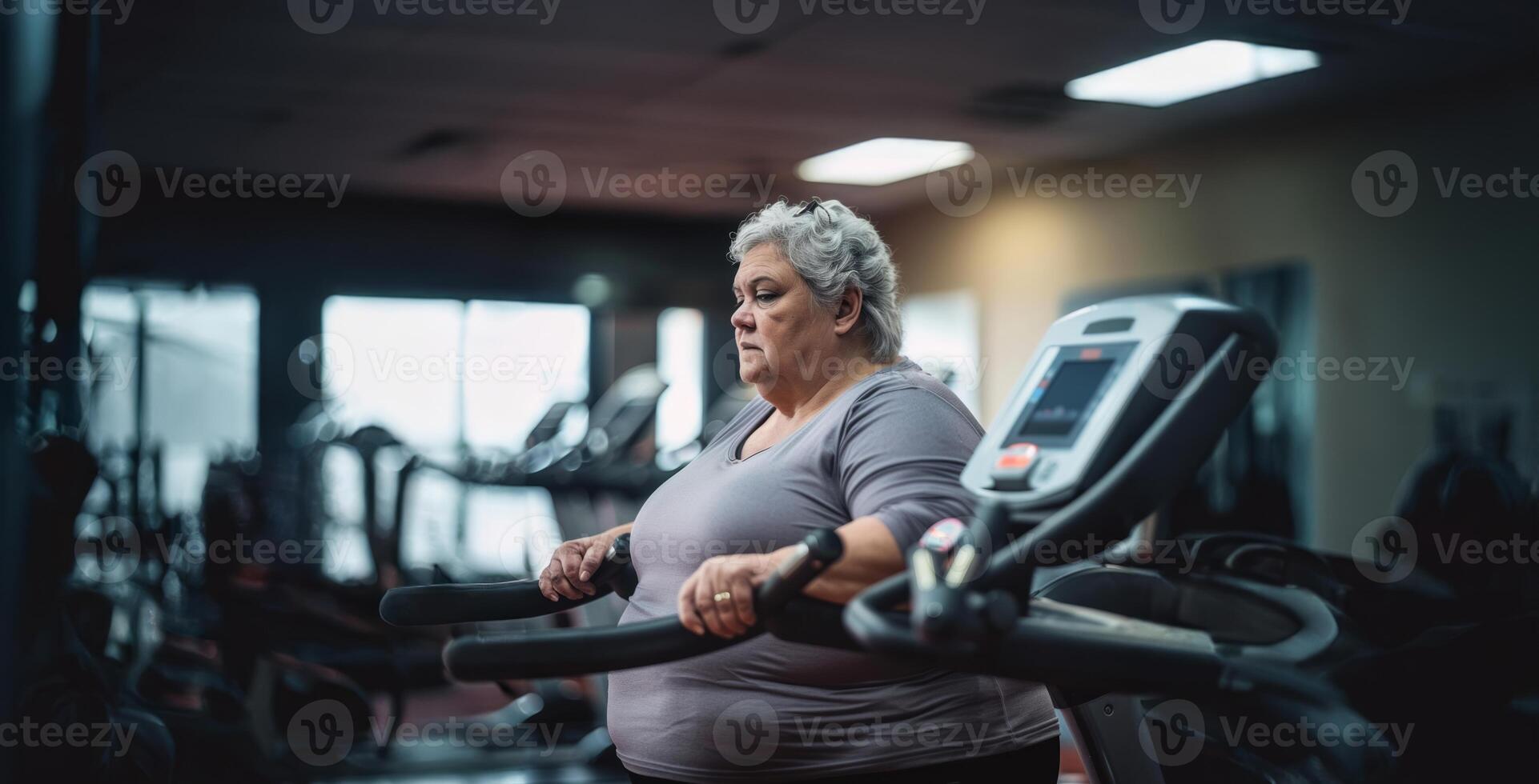 Older woman exercising on a treadmill and lifting weights in the gym.Generated image photo