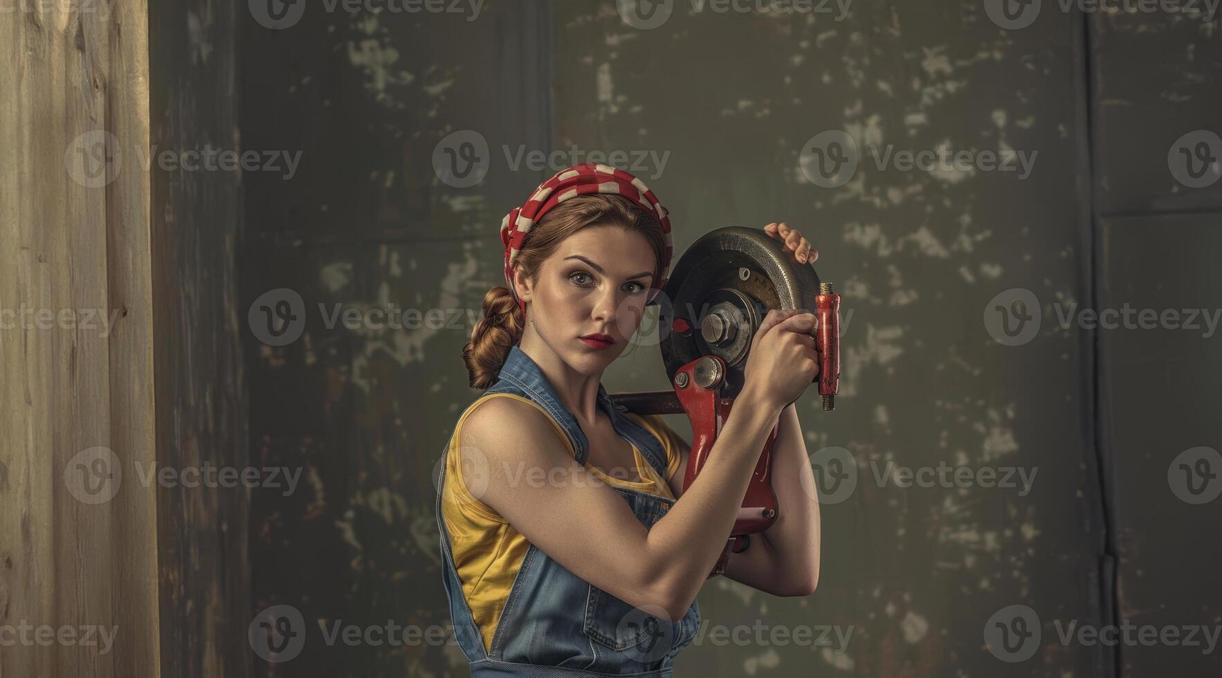 Confident and strong woman posing in a work uniform in a workshop.Generated image photo