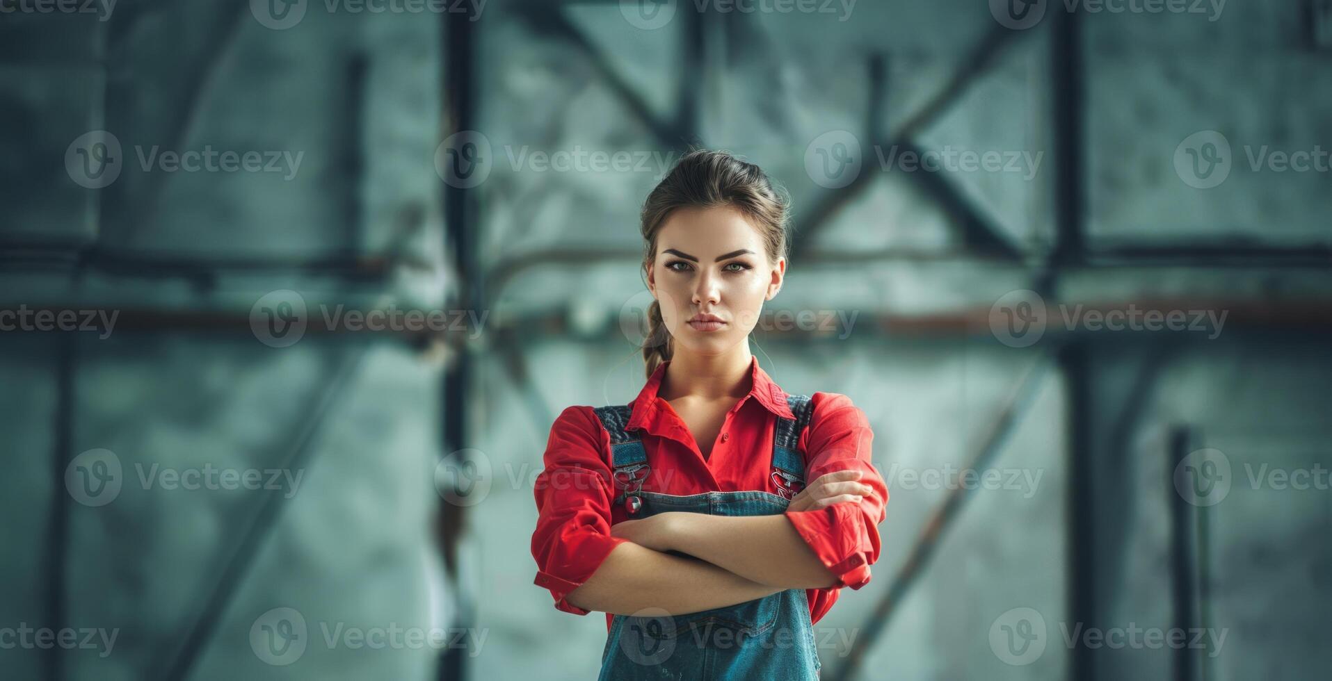 Confident and strong woman posing in a work uniform in a workshop.Generated image photo