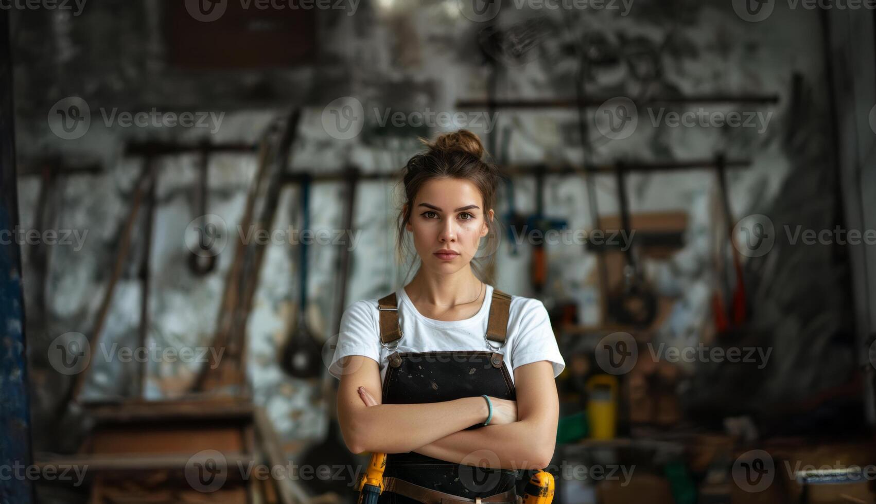 Confident and strong woman posing in a work uniform in a workshop.Generated image photo