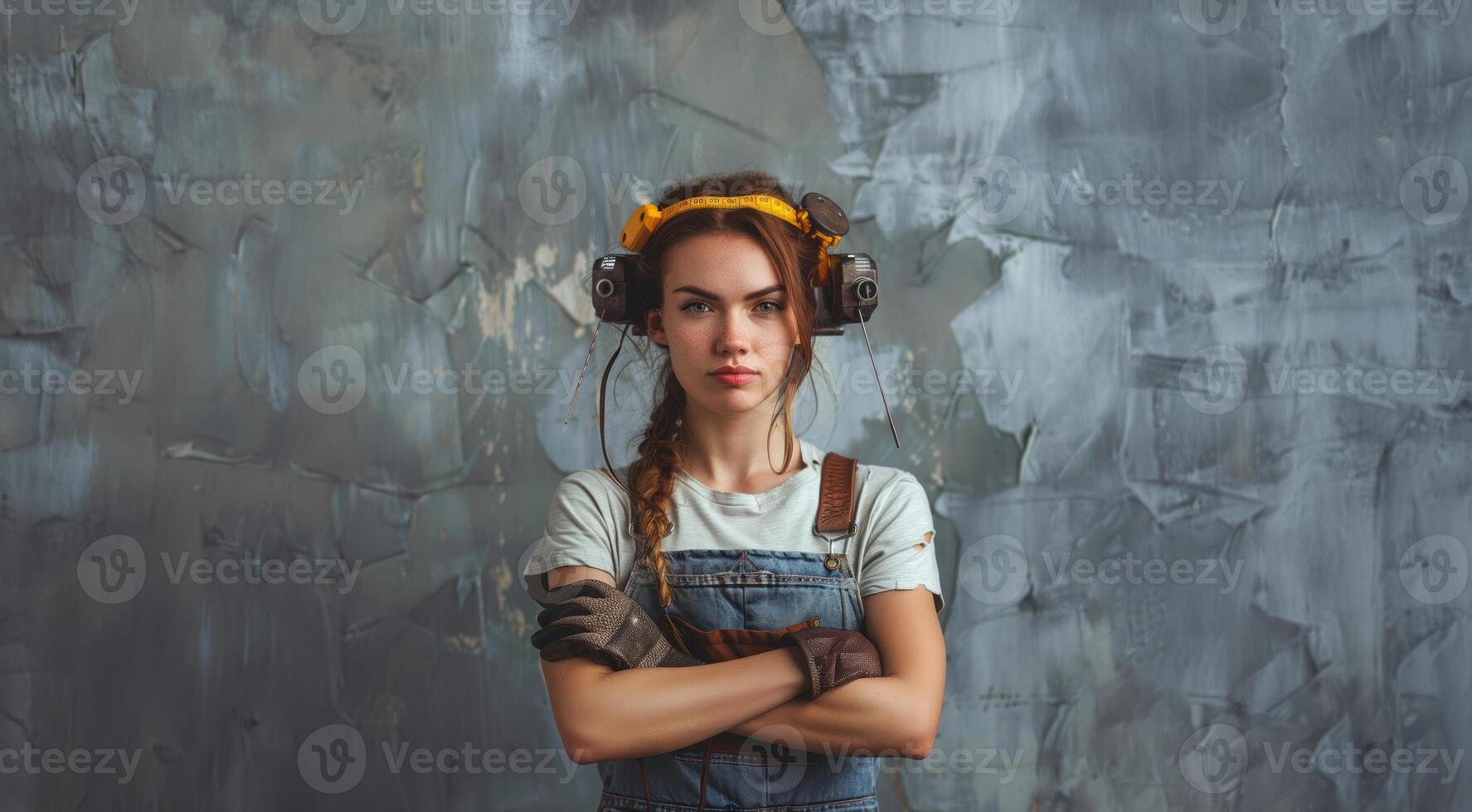 Confident and strong woman posing in a work uniform in a workshop.Generated image photo