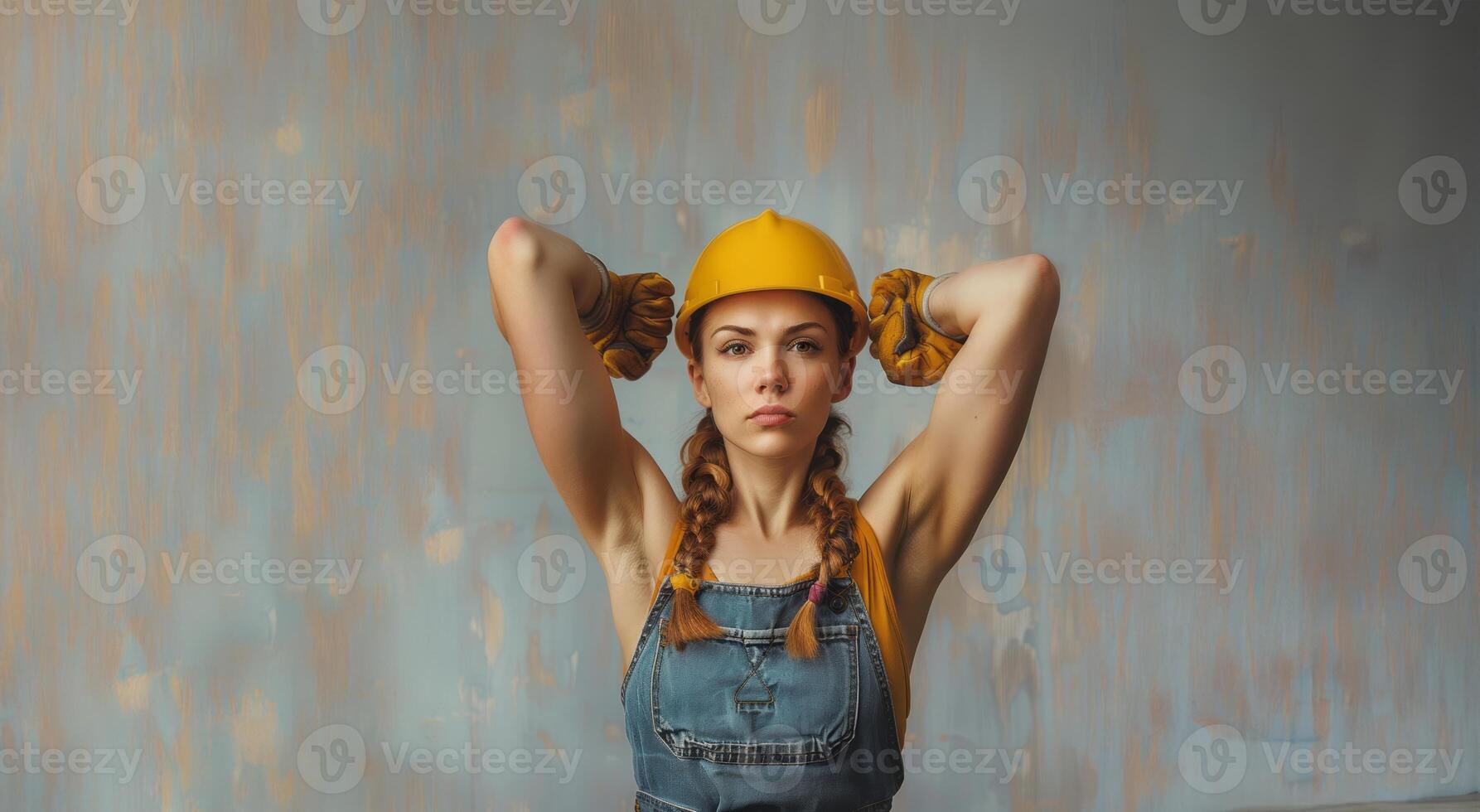 Confident and strong woman posing in a work uniform in a workshop.Generated image photo