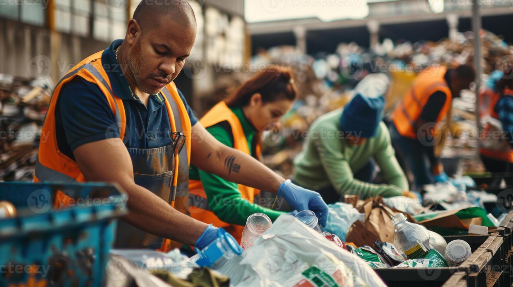 International Waste Sorting Facility Worker in Protective Gear.Generated image photo
