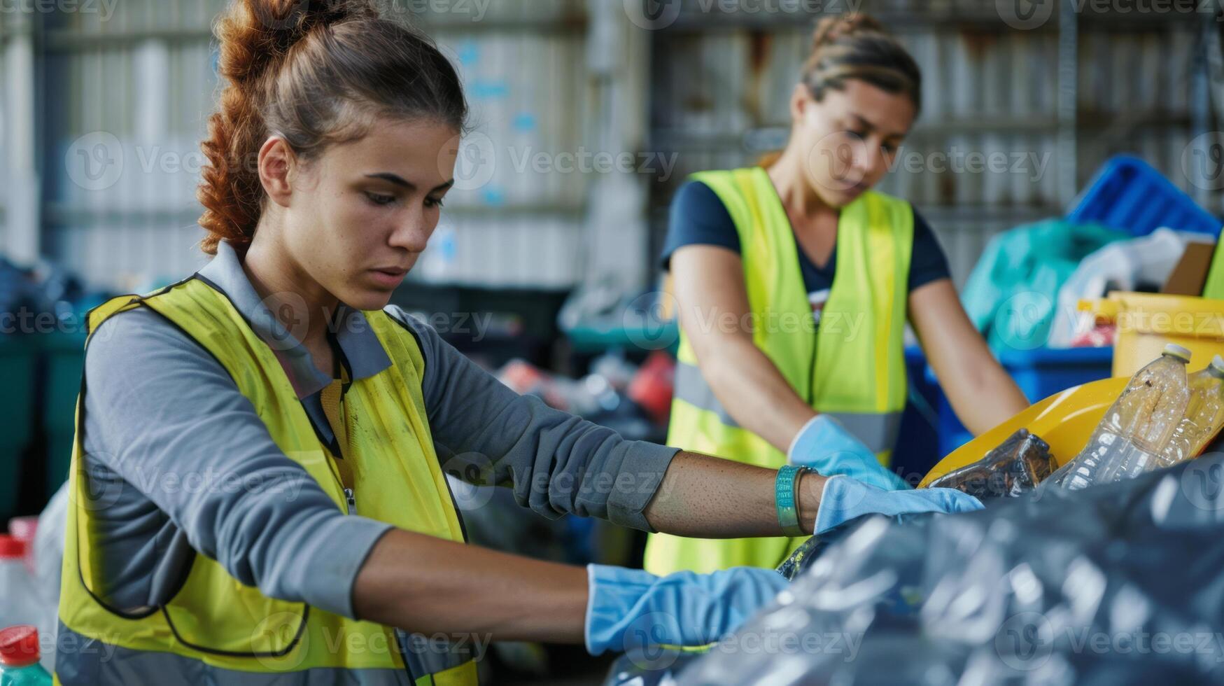 International Waste Sorting Facility Worker in Protective Gear.Generated image photo
