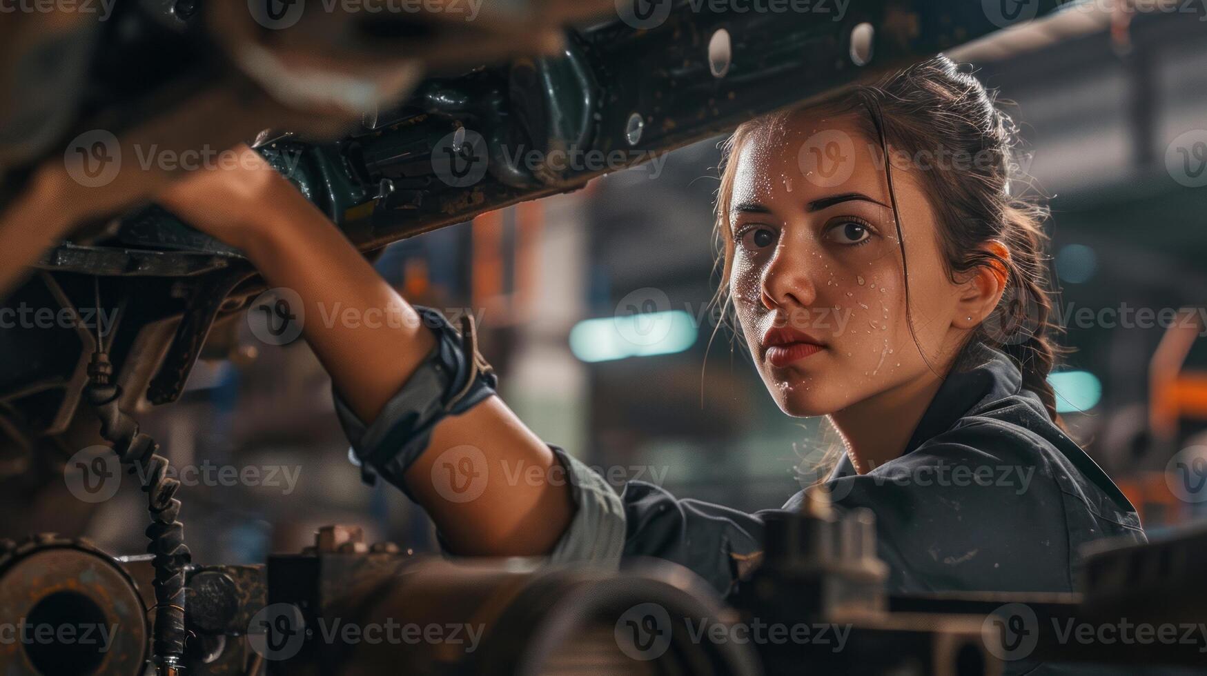 Young Female Mechanic Inspecting a Car with Focused Intensity.Generated image. photo