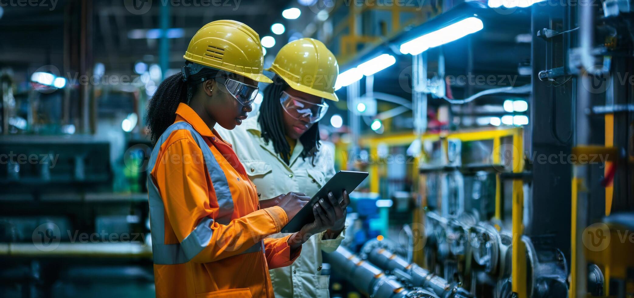 Engineers Monitoring Warehouse Maintenance with Digital Technology.Generated image photo