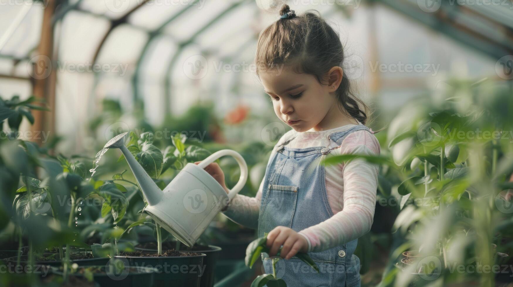 Cute Little Girl Watering and Caring for Plants in the Garden.Generated image photo