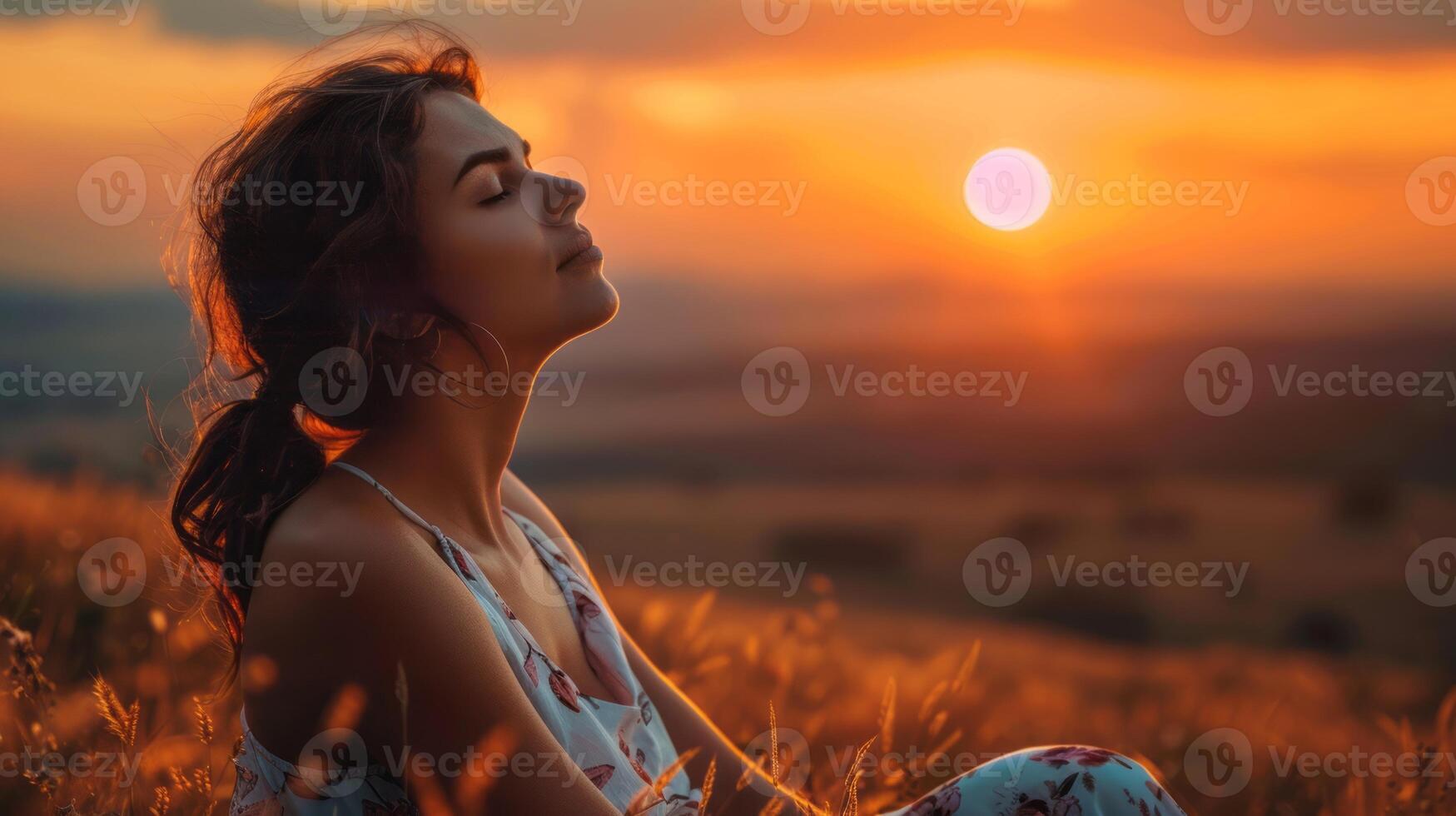 A young woman enjoying the serene beauty of a sunset in nature.Generated image photo
