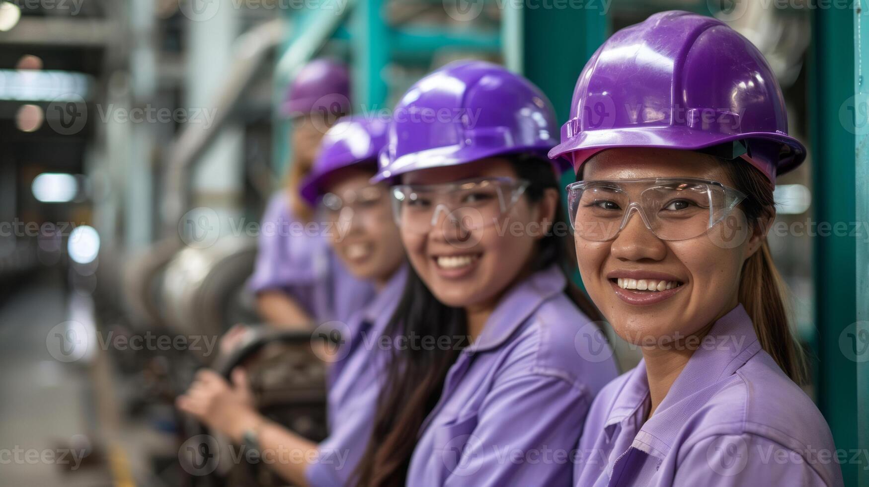 A team of smiling female workers in purple safety helmets and gear pose together confidently.Generated image photo