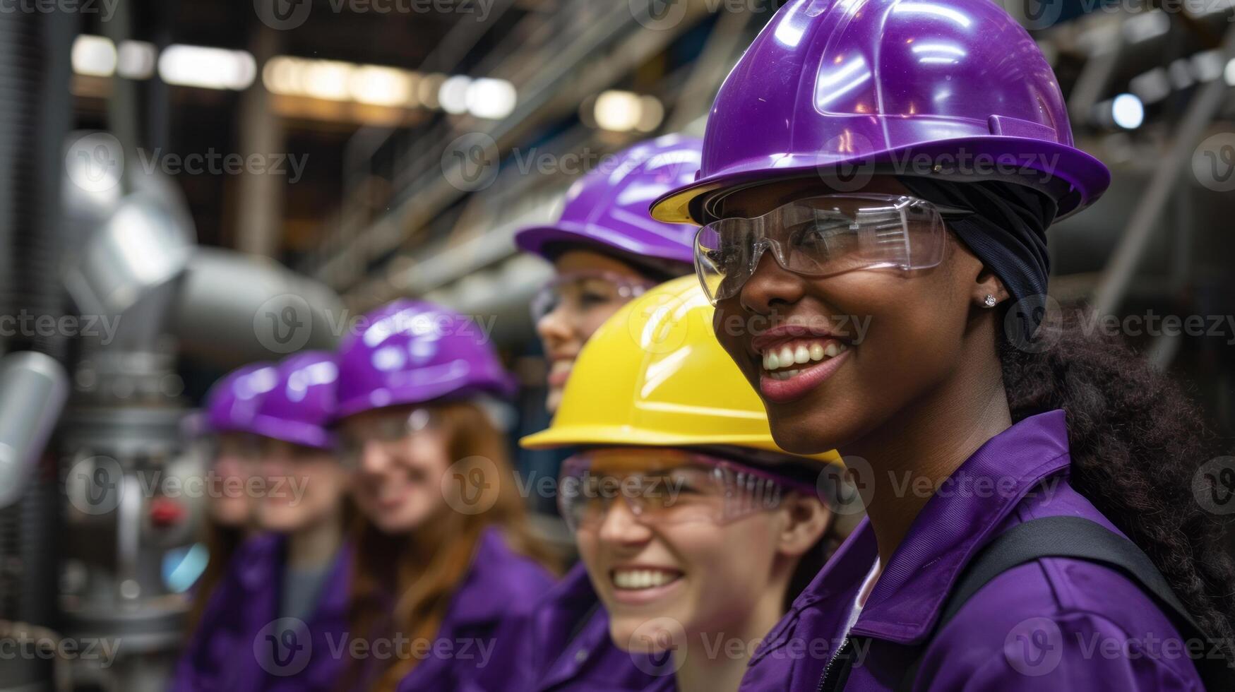 A team of smiling female workers in purple safety helmets and gear pose together confidently.Generated image photo