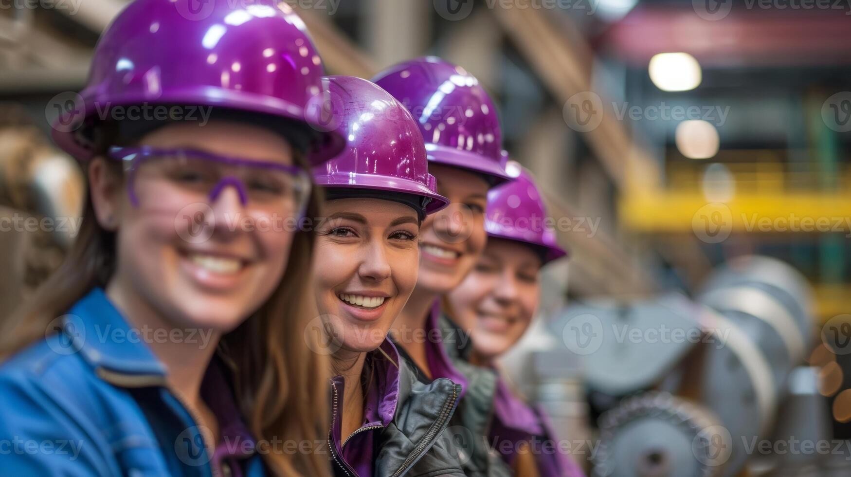 A team of smiling female workers in purple safety helmets and gear pose together confidently.Generated image photo