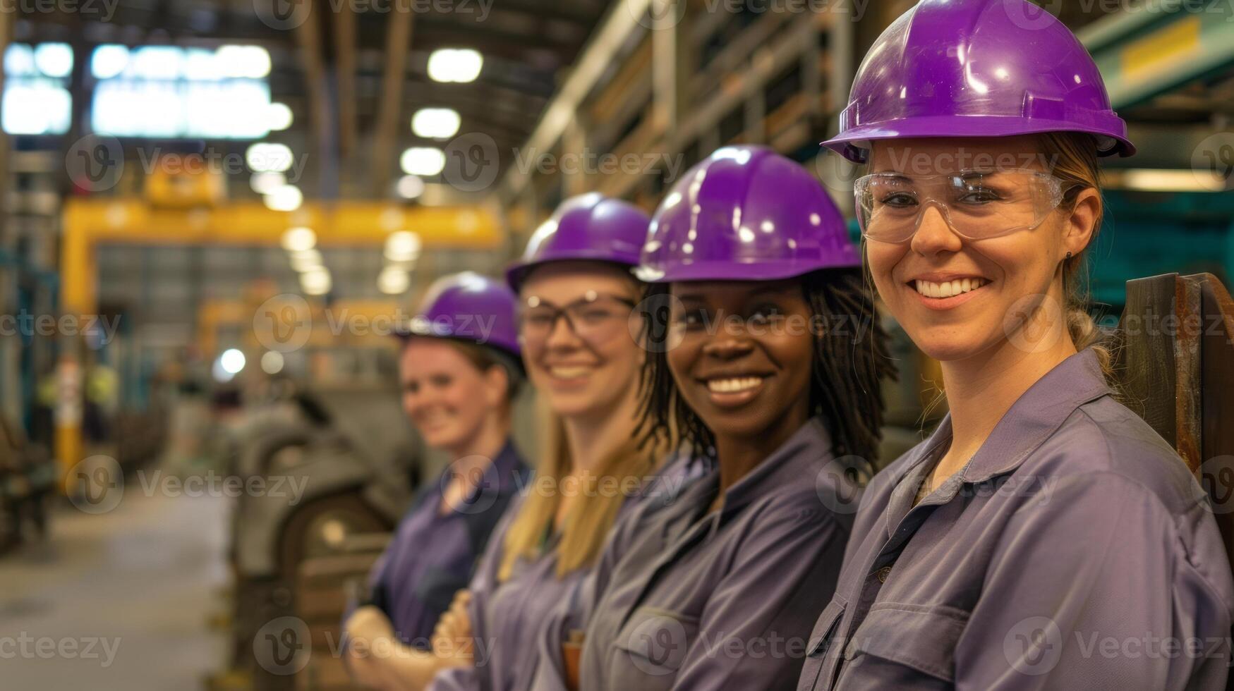 A team of smiling female workers in purple safety helmets and gear pose together confidently.Generated image photo