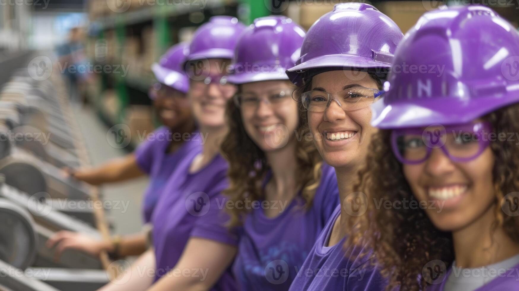 A team of smiling female workers in purple safety helmets and gear pose together confidently.Generated image photo