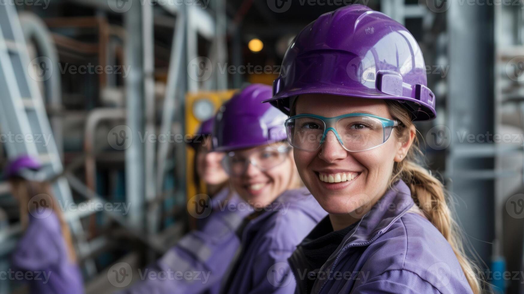 A team of smiling female workers in purple safety helmets and gear pose together confidently.Generated image photo