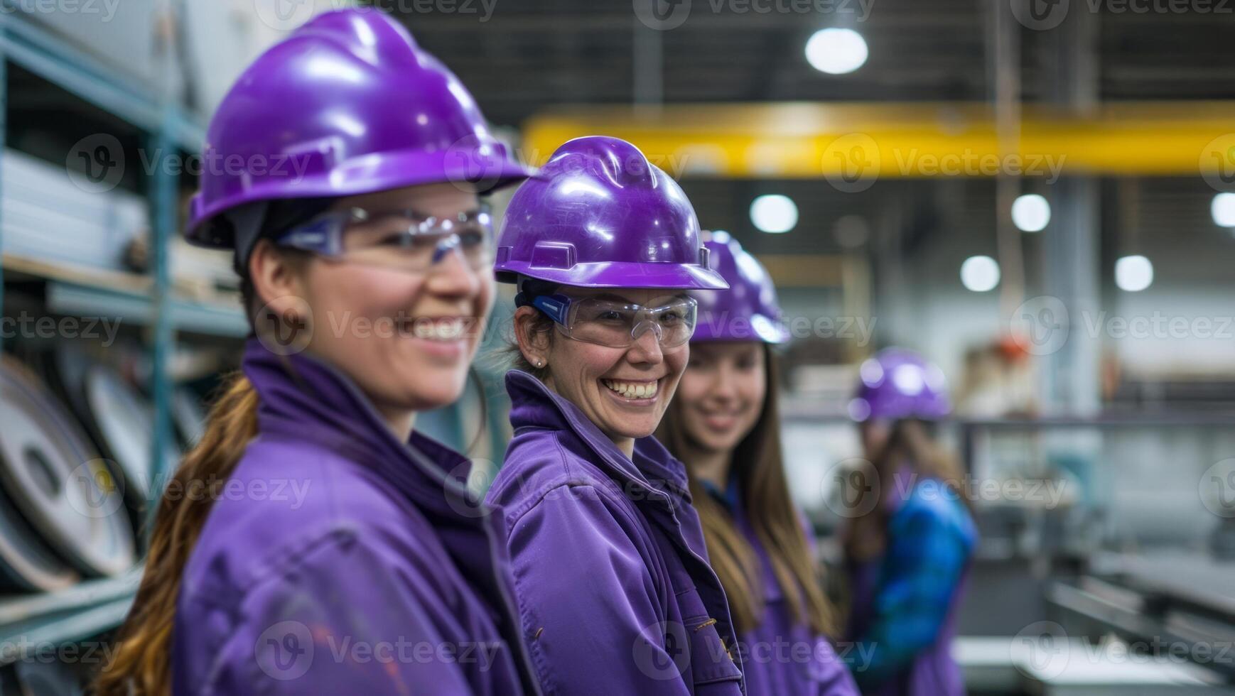 A team of smiling female workers in purple safety helmets and gear pose together confidently.Generated image photo