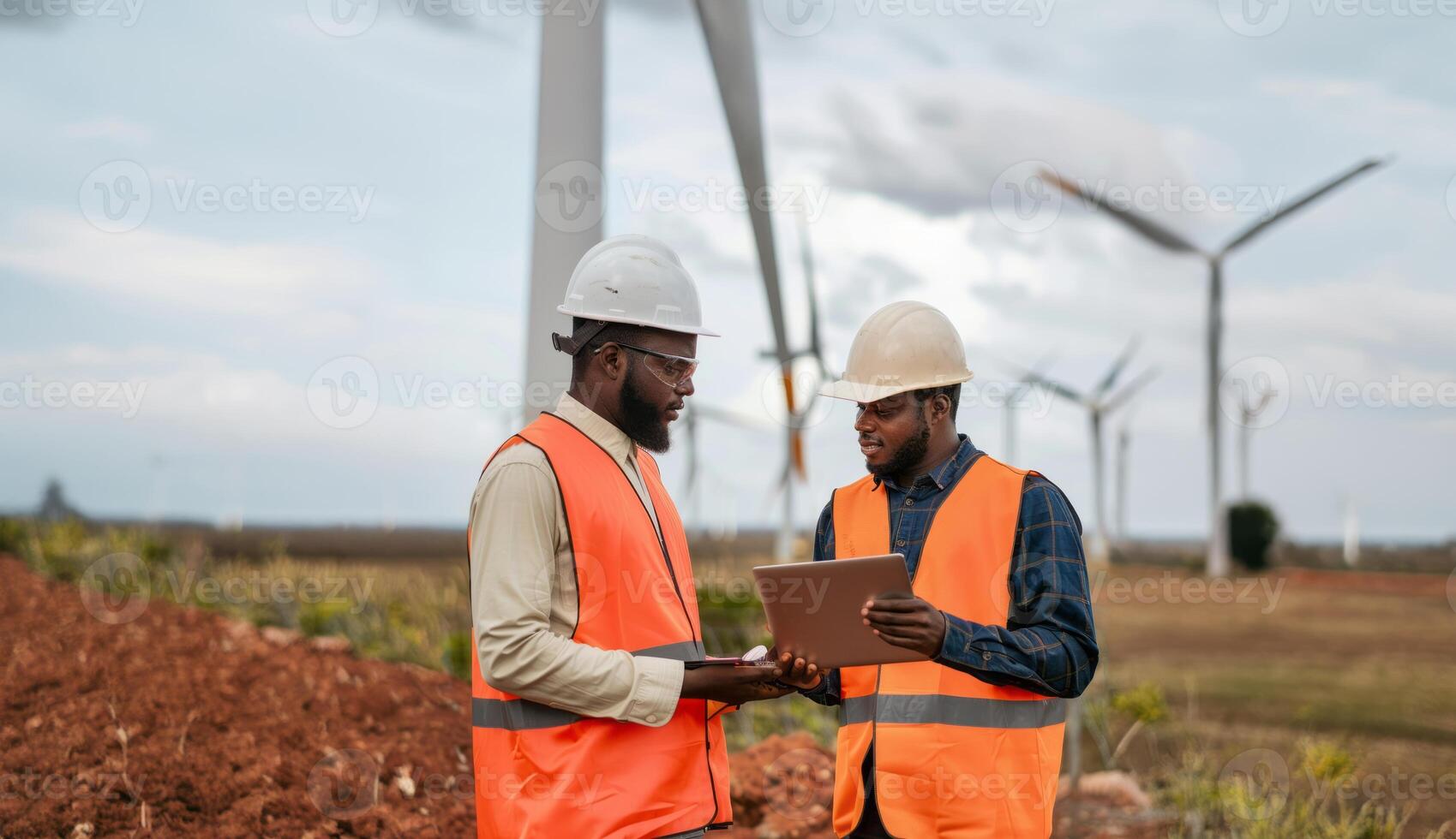 Engineers Using Digital Technology to Monitor Wind Turbine Maintenance.Generated image photo