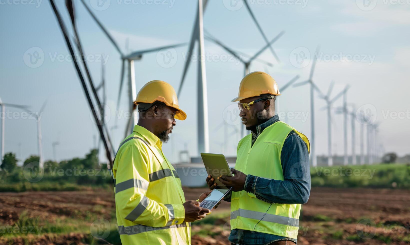 Engineers Using Digital Technology to Monitor Wind Turbine Maintenance.Generated image photo