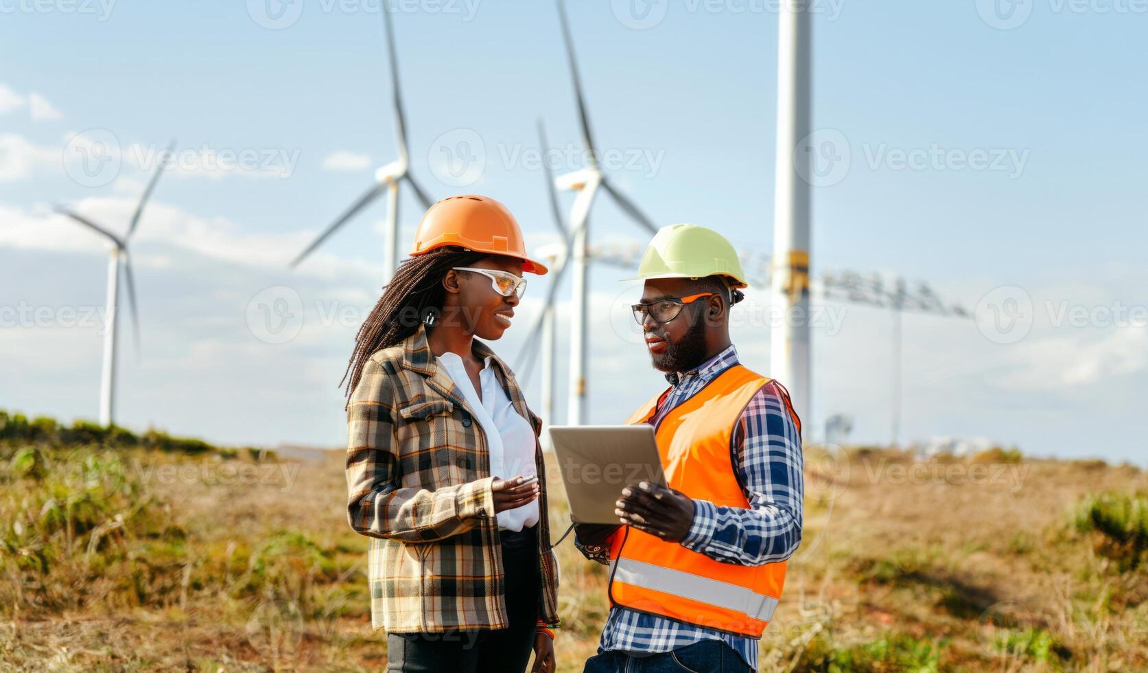 Engineers Using Digital Technology to Monitor Wind Turbine Maintenance.Generated image photo