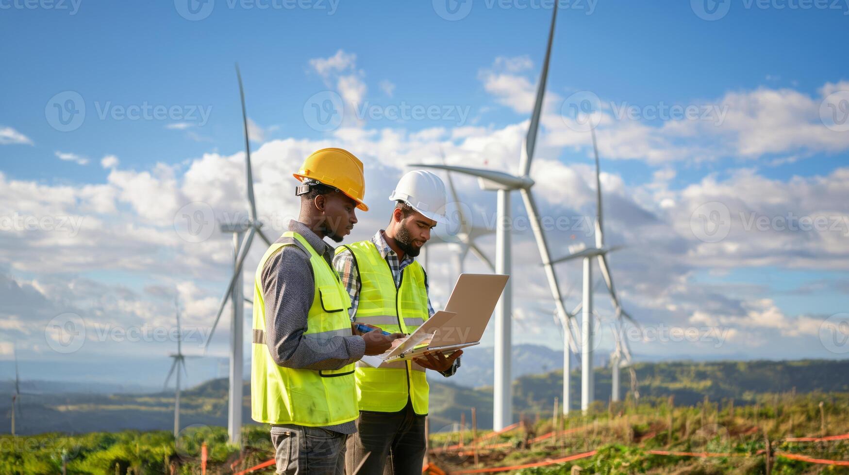 Engineers Using Digital Technology to Monitor Wind Turbine Maintenance.Generated image photo