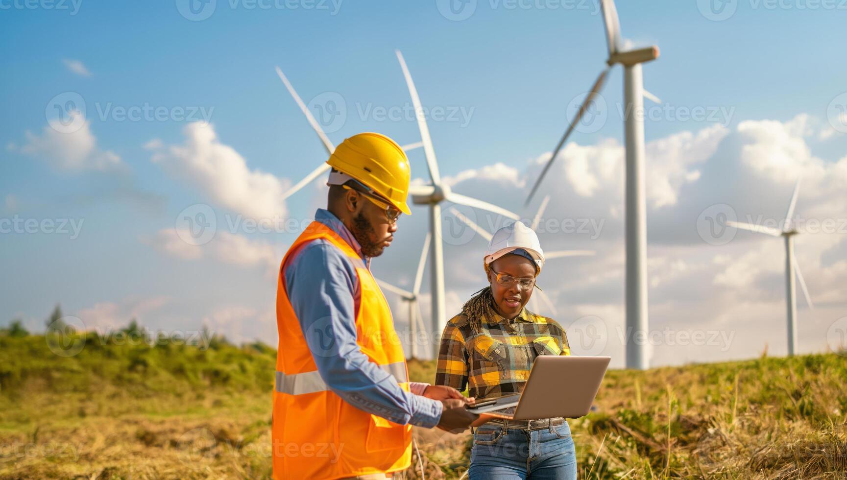 Engineers Using Digital Technology to Monitor Wind Turbine Maintenance.Generated image photo