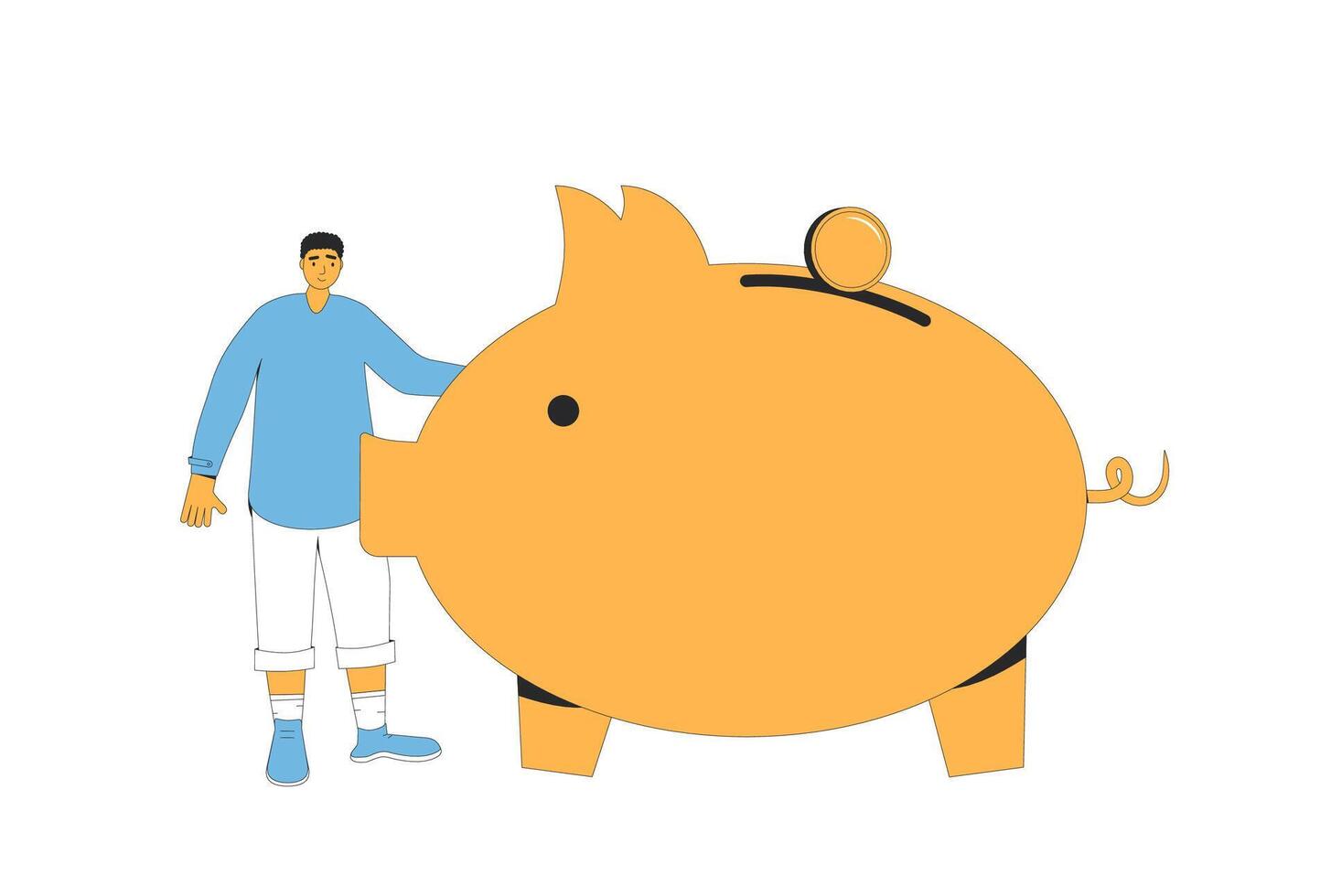 Save money. young man standing near big piggybank with coin. Moneybox. budgeting life. vector