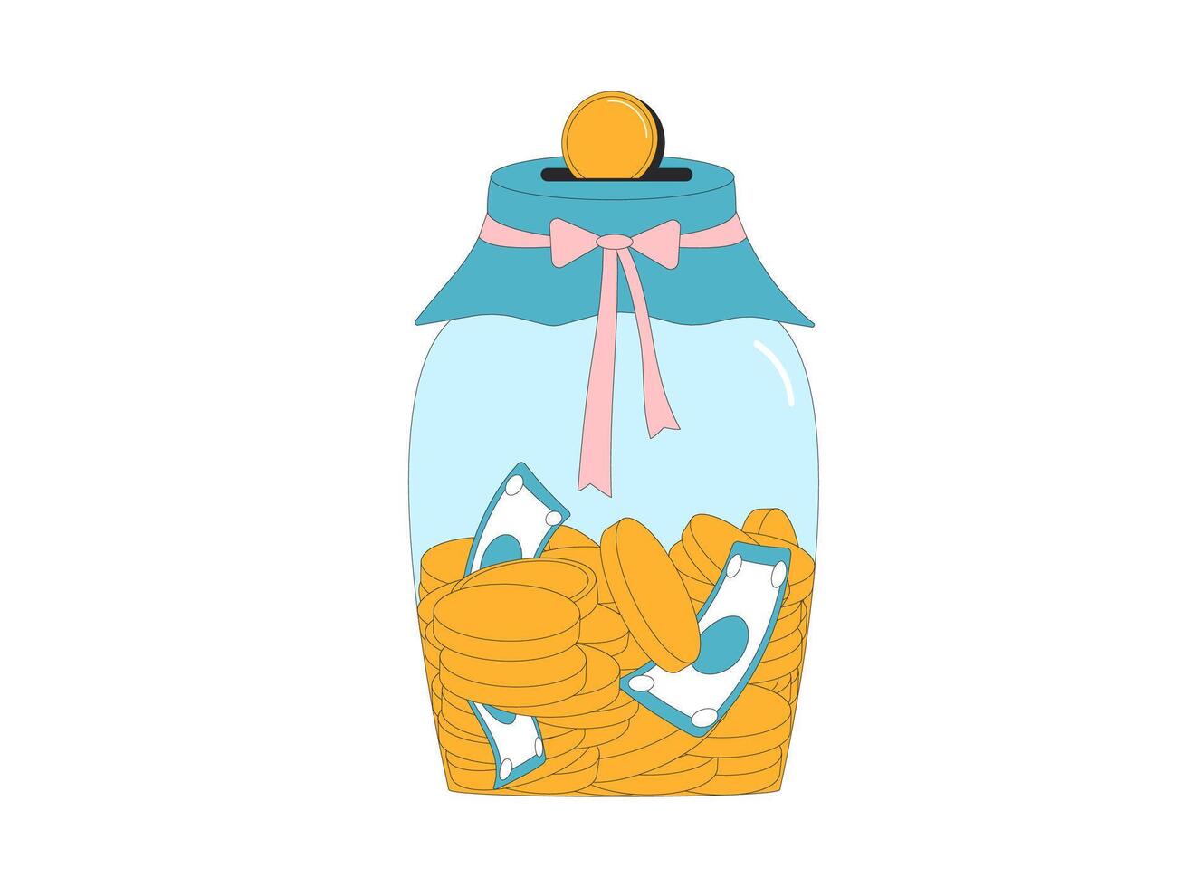 Savings concept. Moneybox jar with coins and banknotes. Donation. Investments vector