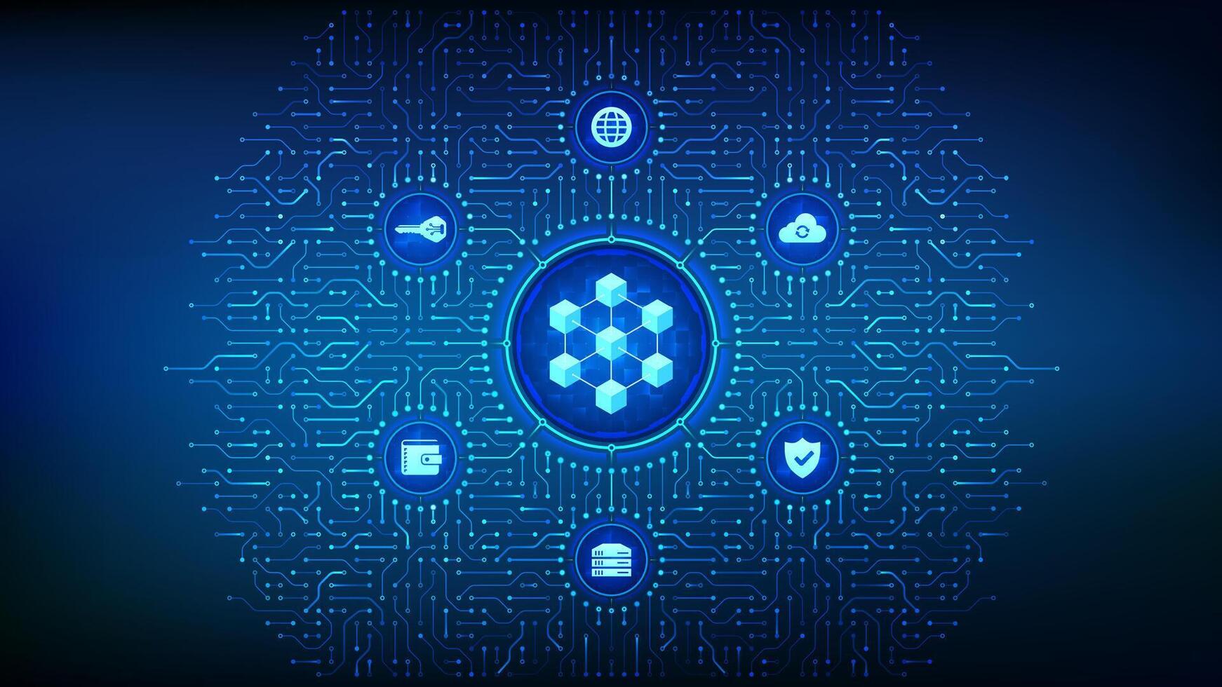 Blockchain technology. Decentralized network. Fintech cryptocurrency. Information blocks in cyberspace. Background with circuit board connections and tech icons. Illustration. vector