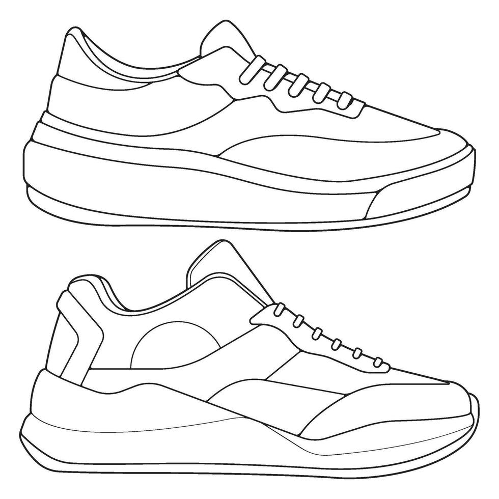 set of outline Cool Sneakers. Shoes sneaker outline drawing , Sneakers drawn in a sketch style, sneaker trainers template outline, Set Collection. Illustration. vector