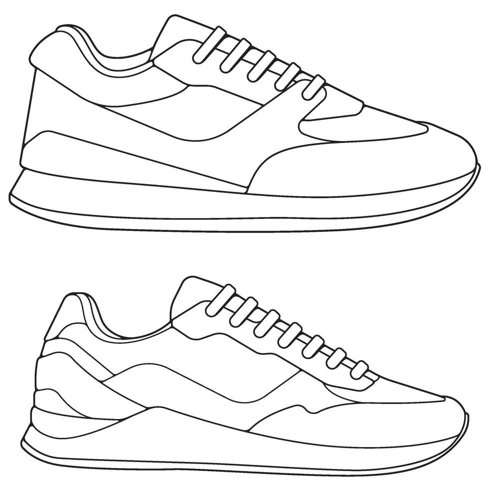 set of outline Cool Sneakers. Shoes sneaker outline drawing , Sneakers drawn in a sketch style, sneaker trainers template outline, Set Collection. Illustration. vector