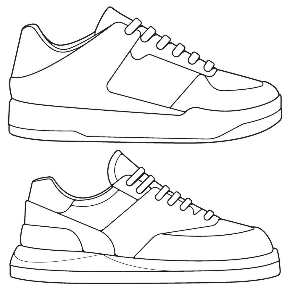 set of outline Cool Sneakers. Shoes sneaker outline drawing , Sneakers drawn in a sketch style, sneaker trainers template outline, Set Collection. Illustration. vector