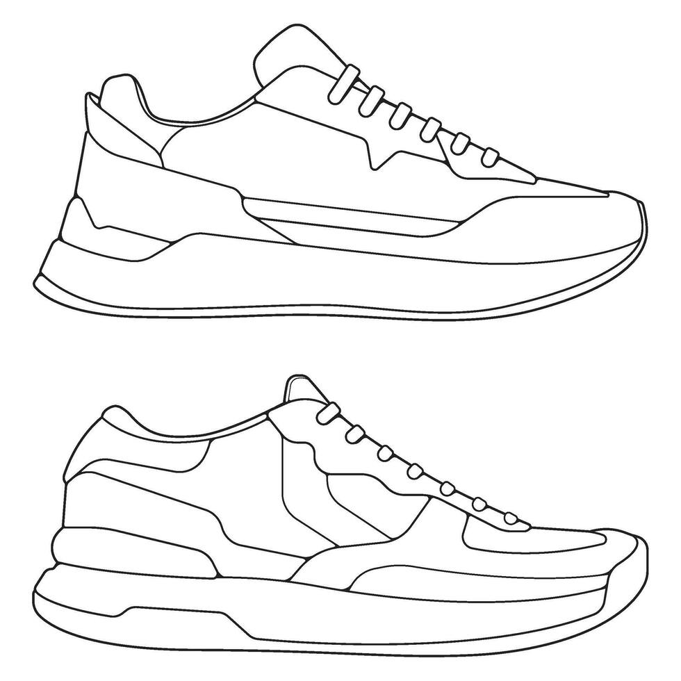 set of outline Cool Sneakers. Shoes sneaker outline drawing , Sneakers drawn in a sketch style, sneaker trainers template outline, Set Collection. Illustration. vector