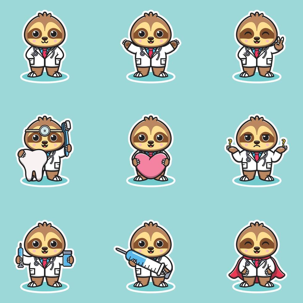 illustration of Cute Character Cartoon of Sloth Doctor. Sloth character different poses illustration. Flat Cartoon Style. Animal Health Concept. vector