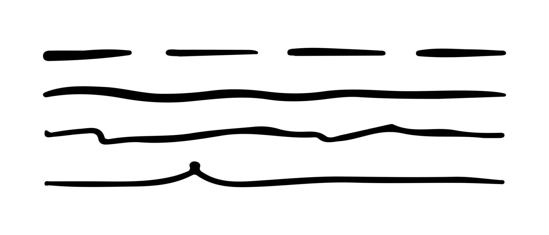Hand drawn black lines by pen. Doodle strokes, underlines by pencil. Brush scribbles, frames, borders, design elements. vector