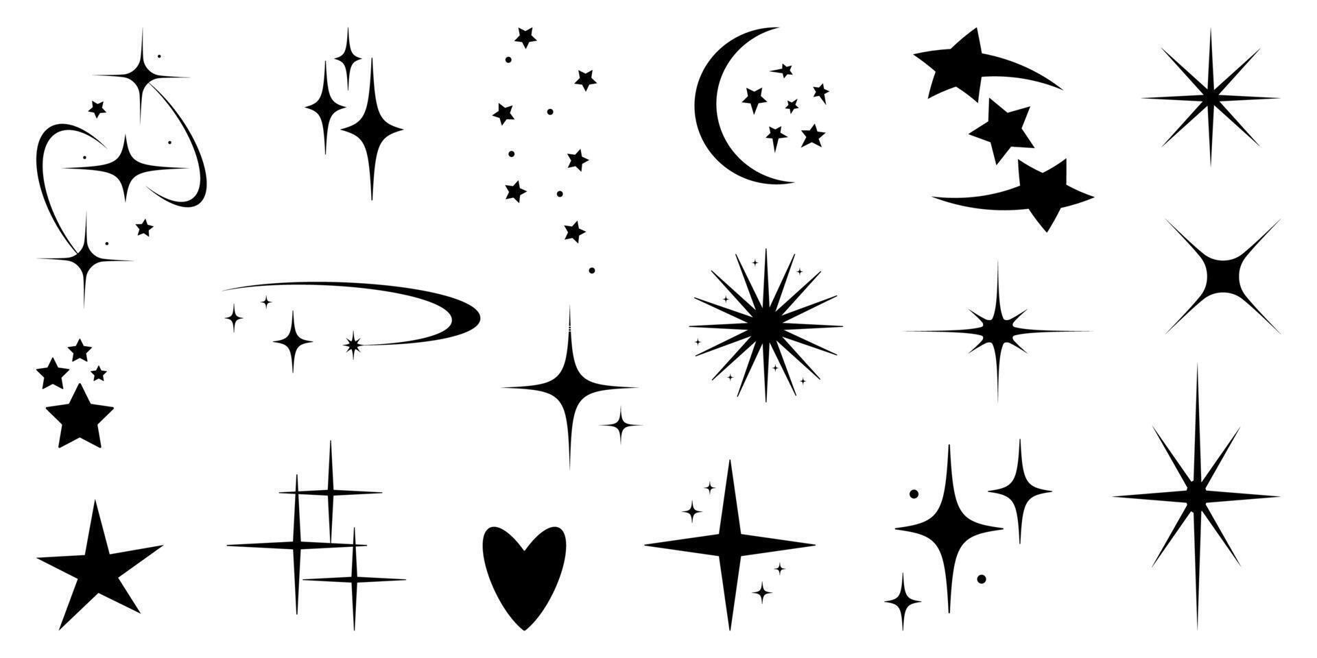 Hand Drawn Set of Tattoo art stickers 90s - 2000s in trendy Y2k Aesthetic Style. Retro lines vintage elements, sparkle star, heart. Simple geometric y2k shapes. Isolated illustration vector