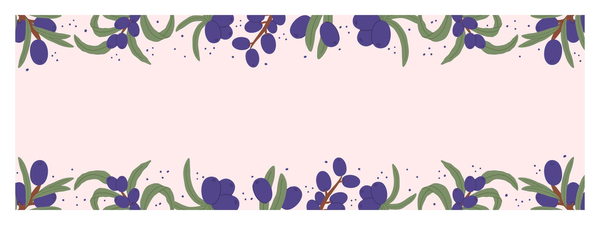 Promotional Horizontal Banner with Purple Olive Branches and Green Leaves. Highlight special offer buy 2 get 1 free, emphasizing premium quality products vector