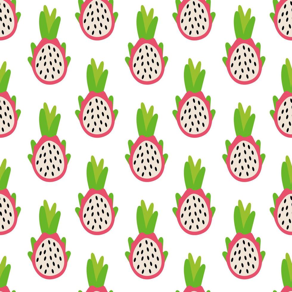Seamless Pattern with dragonfruit. Concept of healthy food and product. Summer pitahaya food background. flat illustration. vector