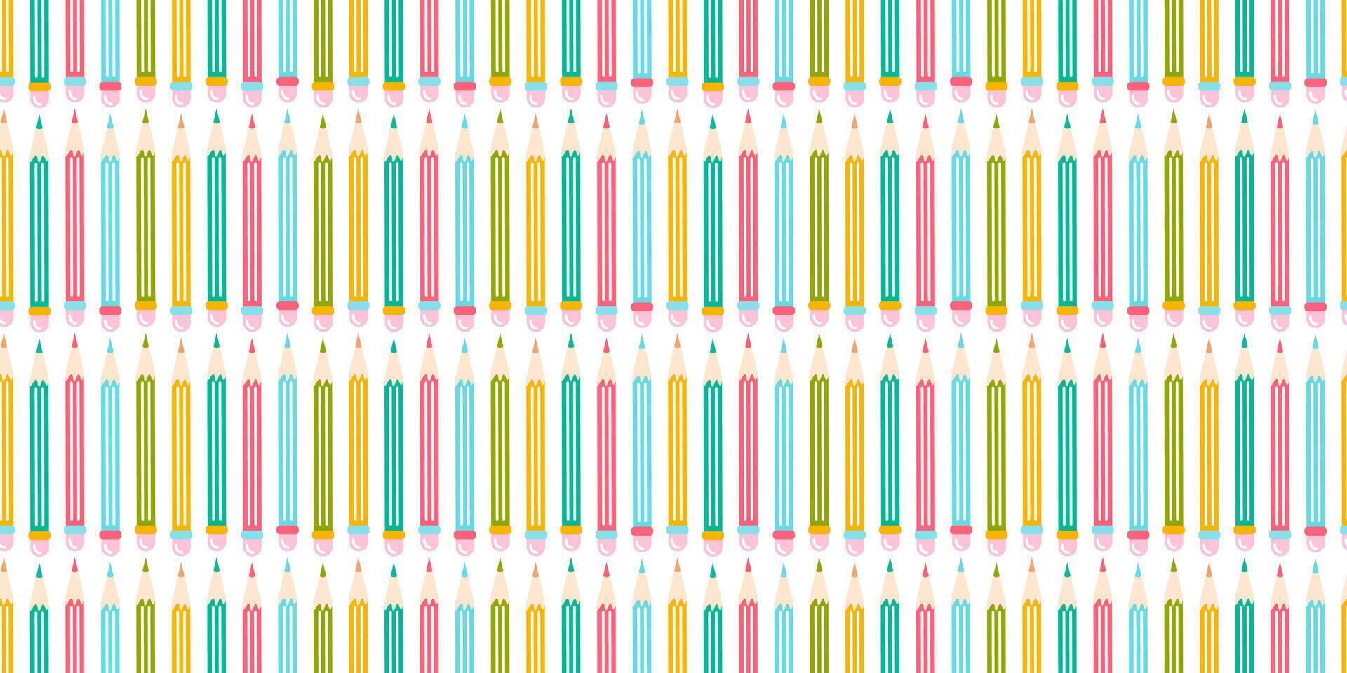Multicolored pencils with an eraser on white background, seamless pattern vector