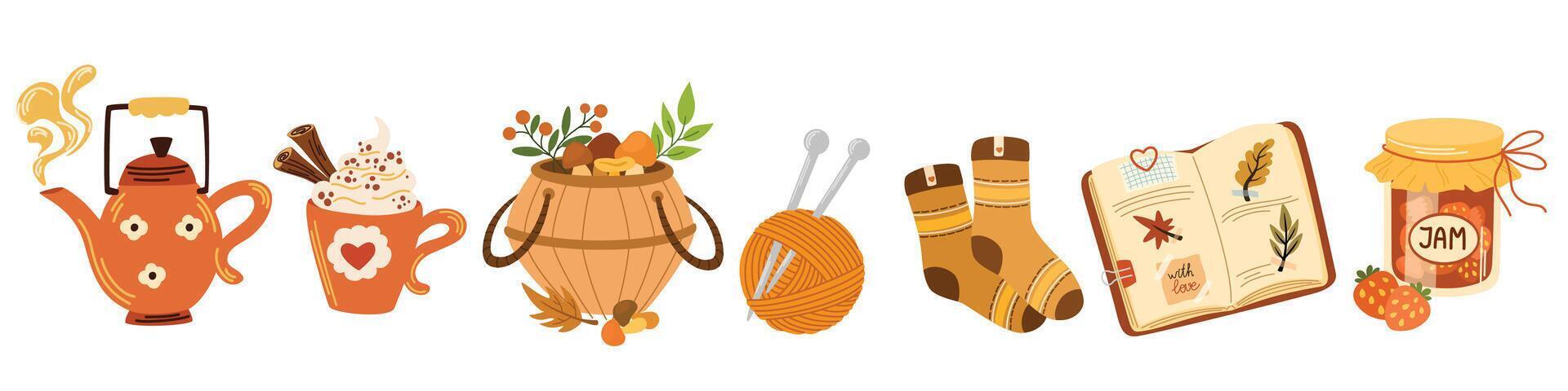 Simple cozy set. Autumn set of hand drawn cute and cozy design elements. Fall, Thanksgiving Day, Autumn season. vector