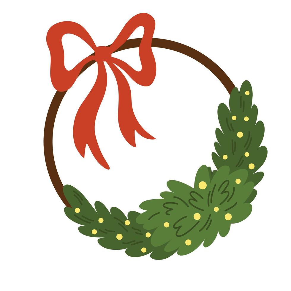 Christmas wreath. Decor for New Year Christmas and holiday. Wreath with holly berries, mistletoe, pine and fir branches, cones, rowan berries. Hand drawn illustration isolated on the white background vector