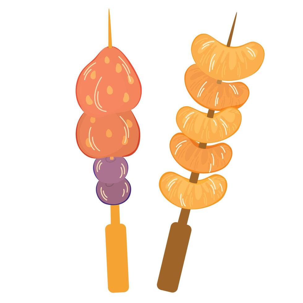 Tanghulu, Asian street food. Sugar-coated fruits and berries on sticks. Sweet Tang hulu snacks set. Skewered strawberry, orange candies. Flat illustration isolated on white background vector