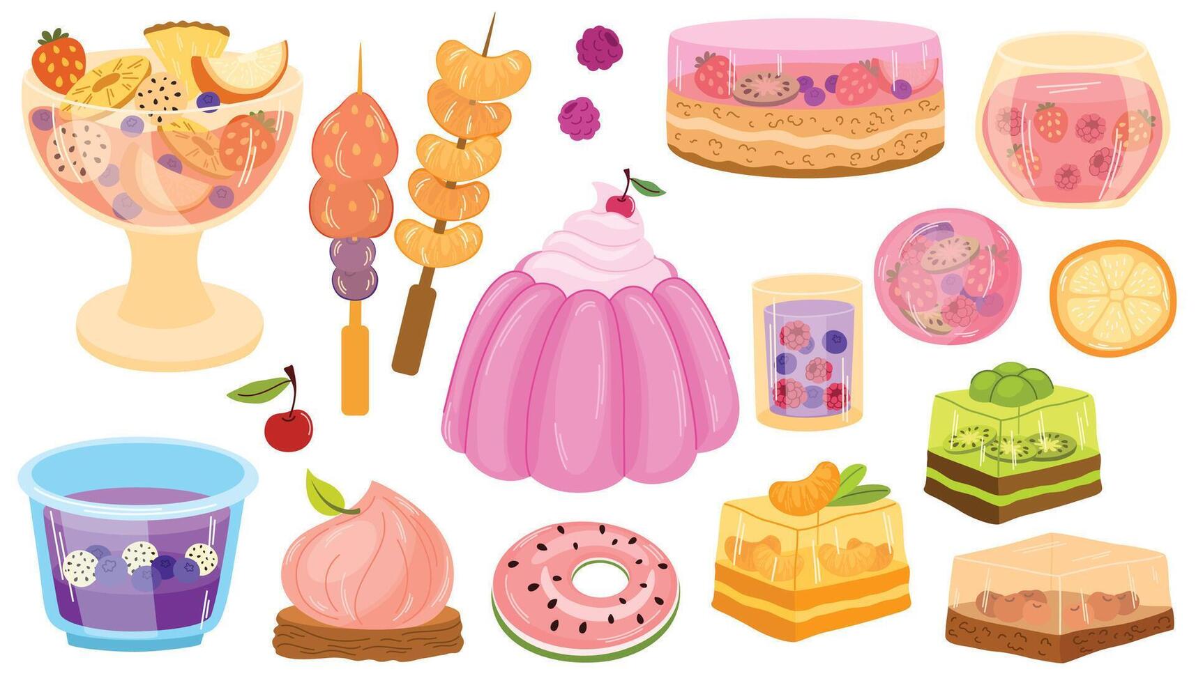 Fruit jellies set. Gelatin desserts, jello cake and pieces on plates. Sweet food with berries. Fresh dishes, orange and apple juicy puddings. Flat illustrations isolated on white background vector