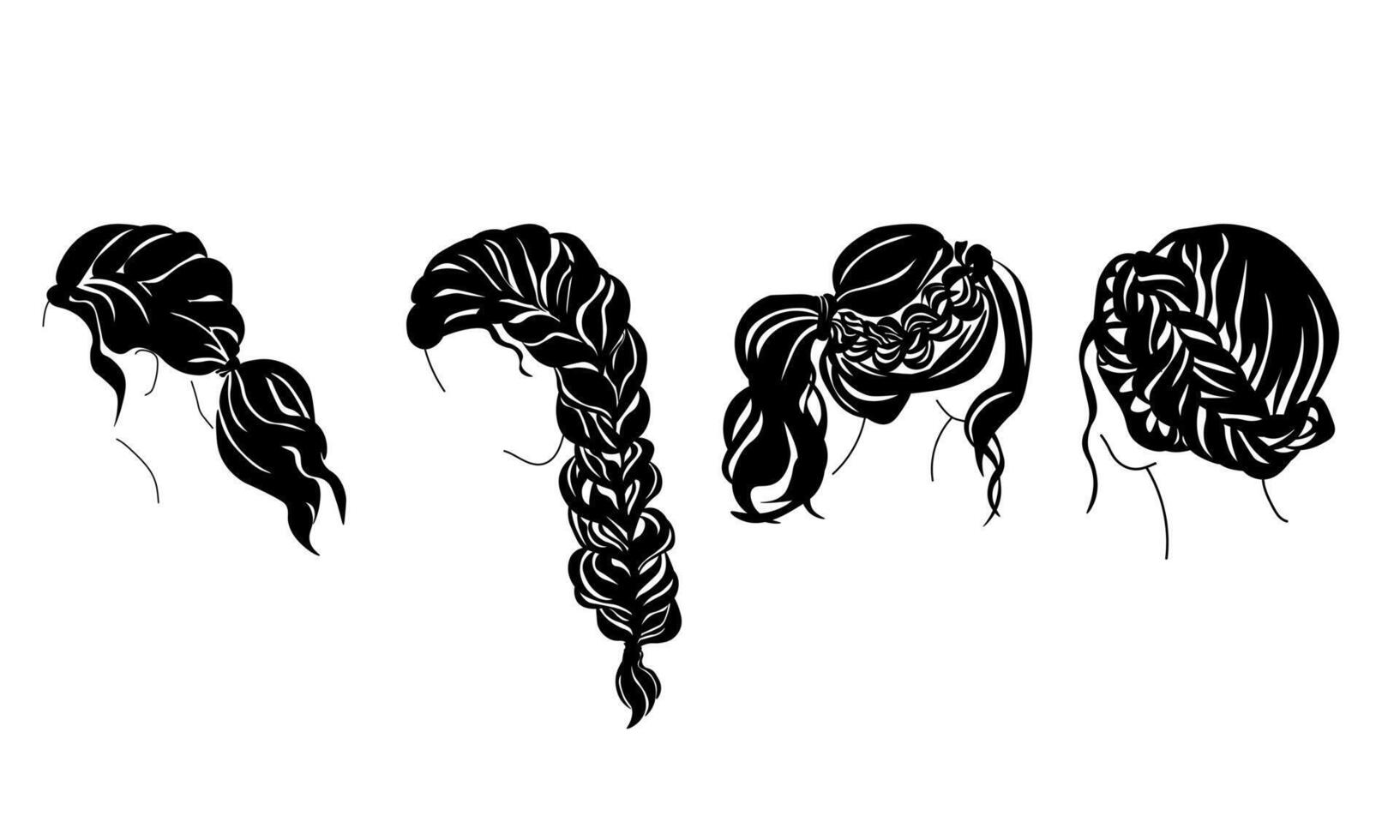 Set of silhouettes of elegant hairstyles with weaving, voluminous braids in fashionable styling vector