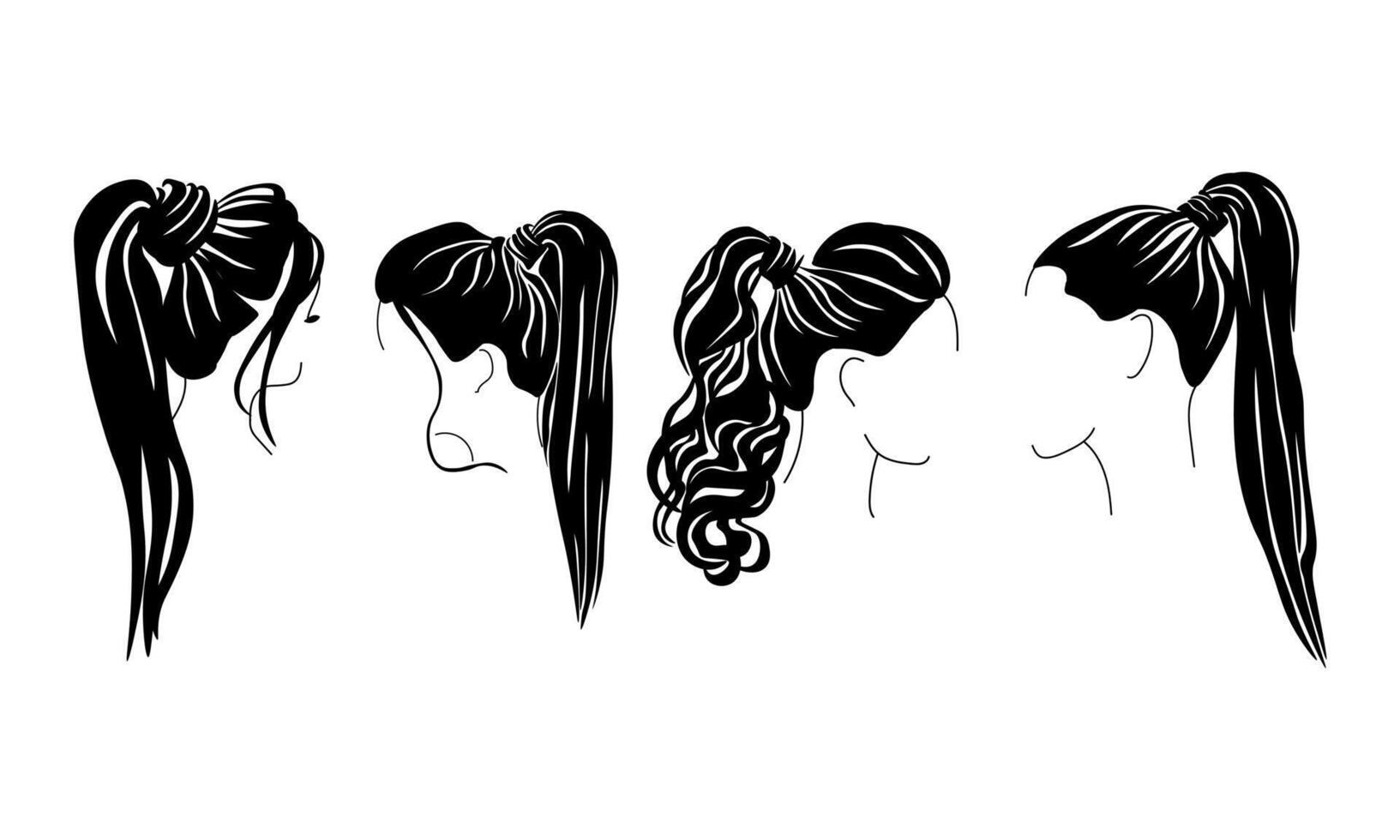 ponytail hairstyle for long hair set of silhouettes, stylish styling with a high position vector