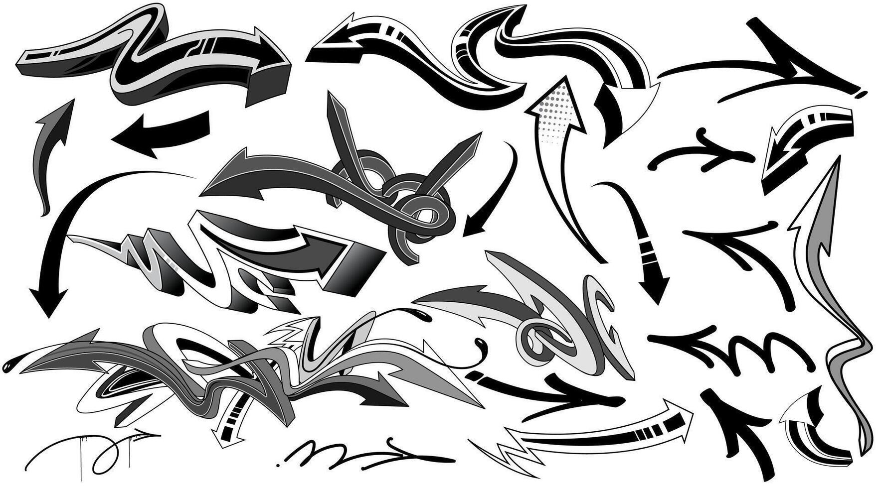 Set of arrow shapes elements in graffiti style. Black and white graffiti arrows drawing art vector