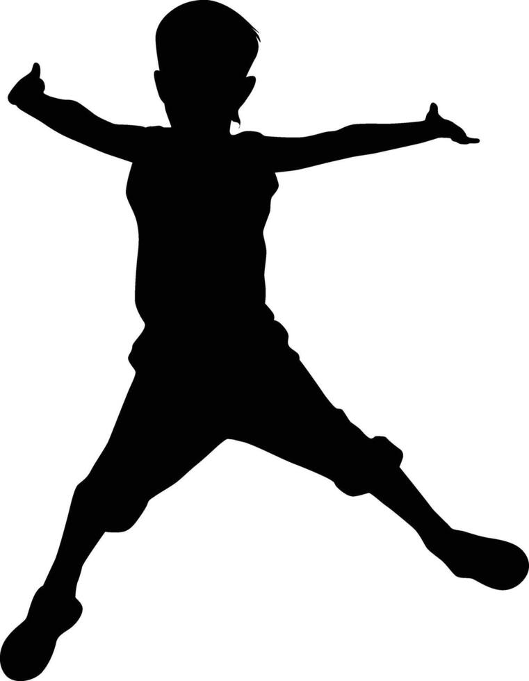 Kids jumping silhouette. Toddler pose in full body illustration. Children cheerful play outdoor activity. vector