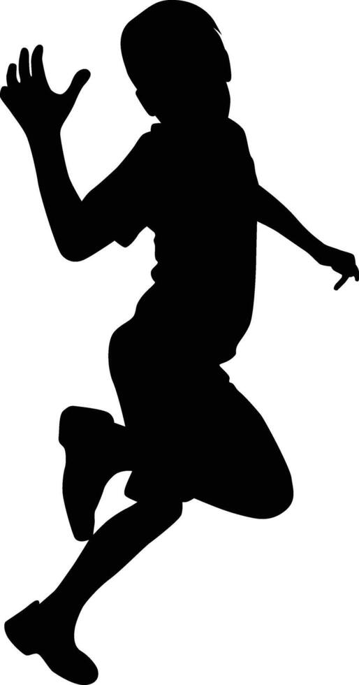 Kids jumping silhouette. Toddler pose in full body illustration. Children cheerful play outdoor activity. vector